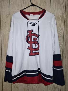 White Lace-Up Hockey Jersey with Red & Navy Team Crest